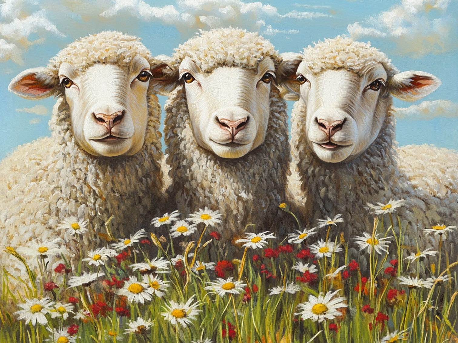 Trois moutons sous le soleil estival