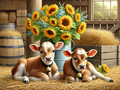 Sonnenblumen und entzückende Kälbchen