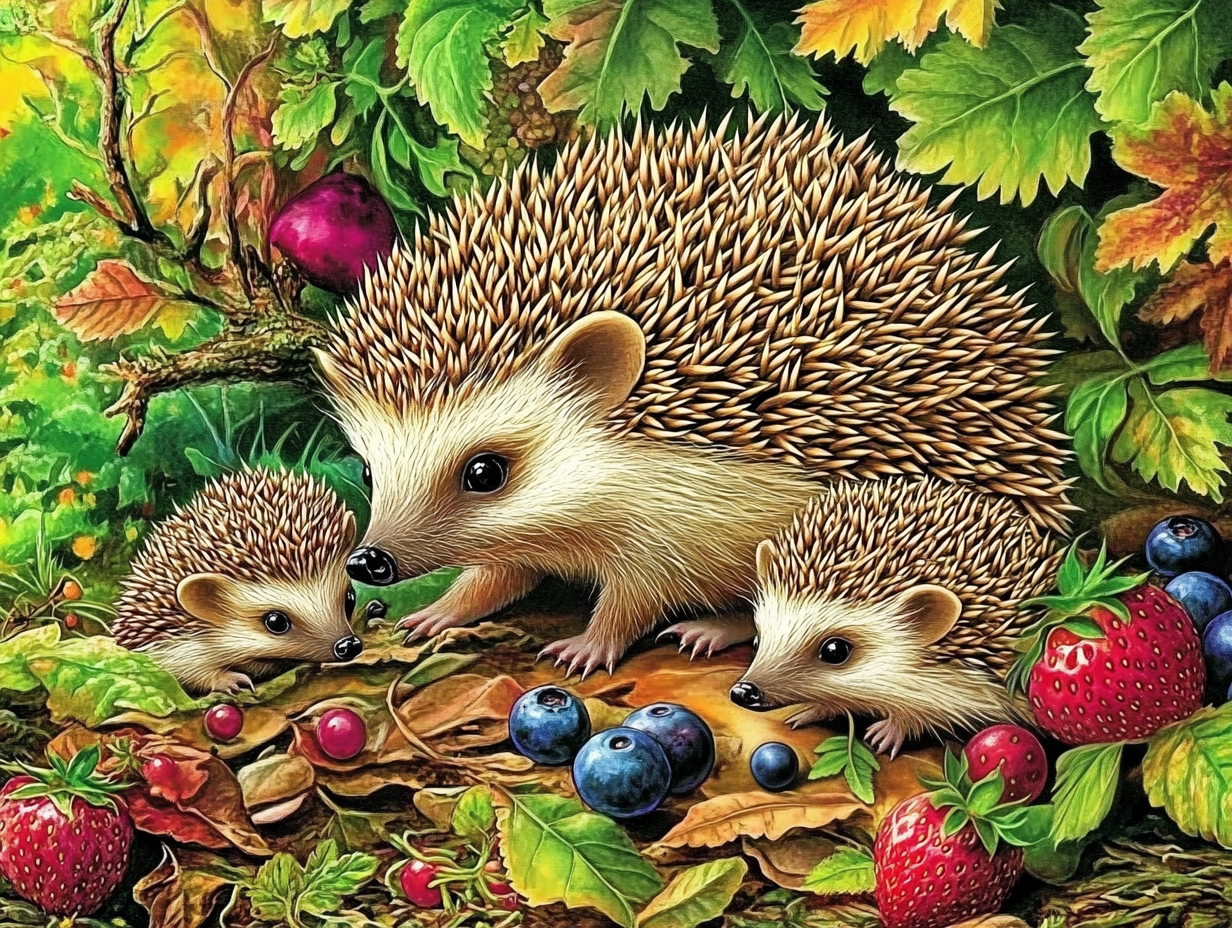 Famille hérissons en pleine cueillette