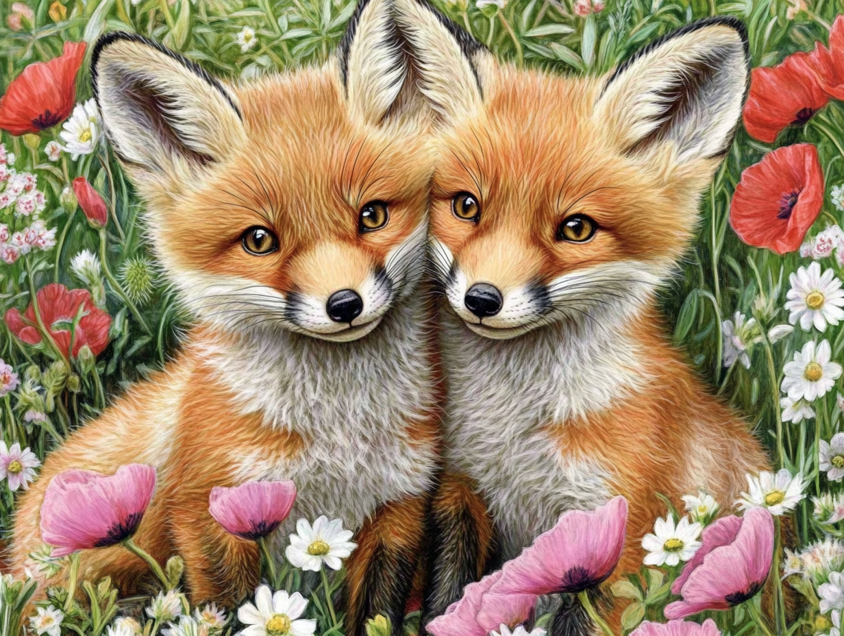 Entre marguerites et coquelicots, deux renardeaux curieux
