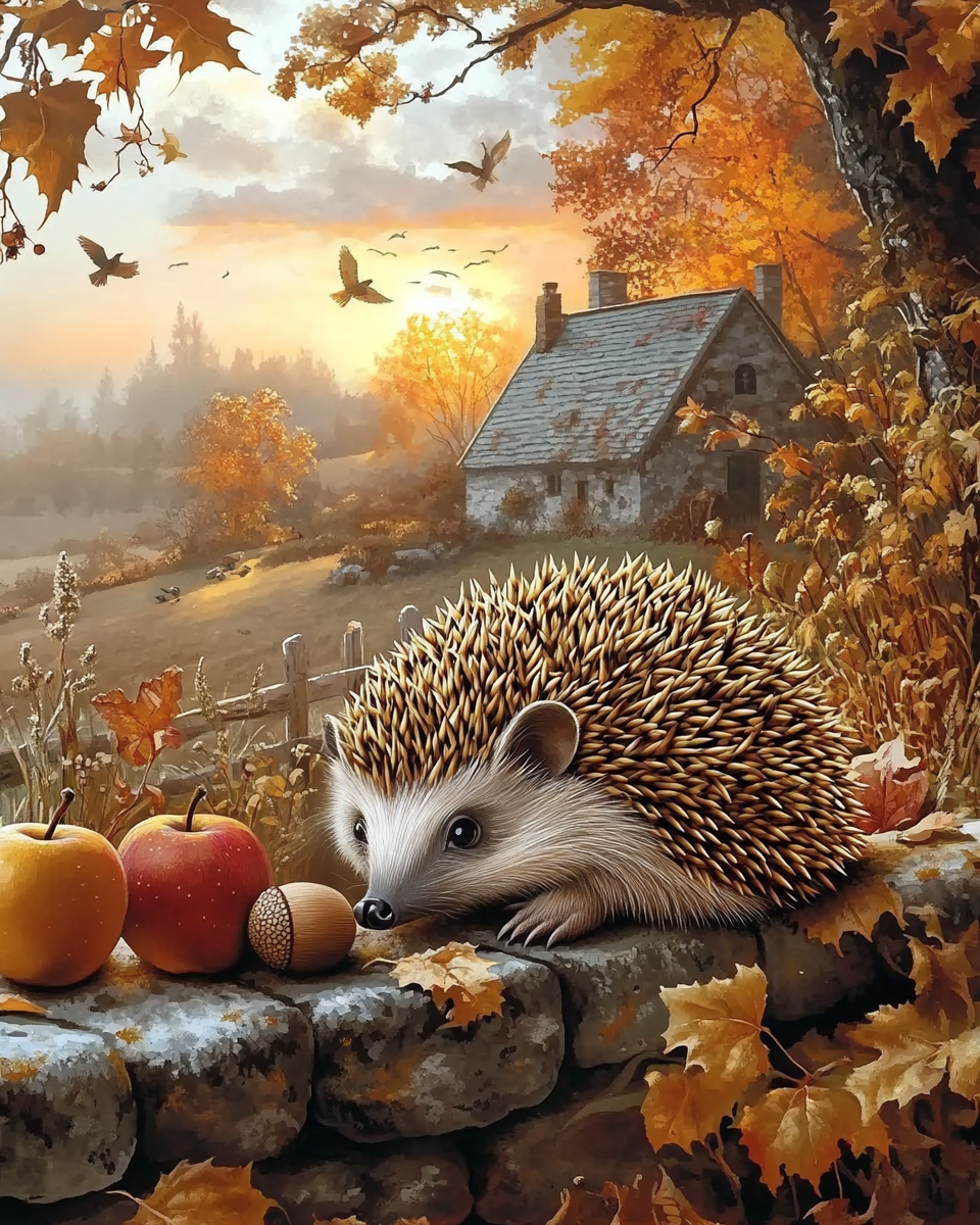 Nature, pommes et hérisson curieux
