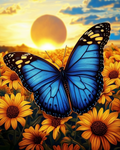 Papillon bleu éclatant dans un champ de tournesols