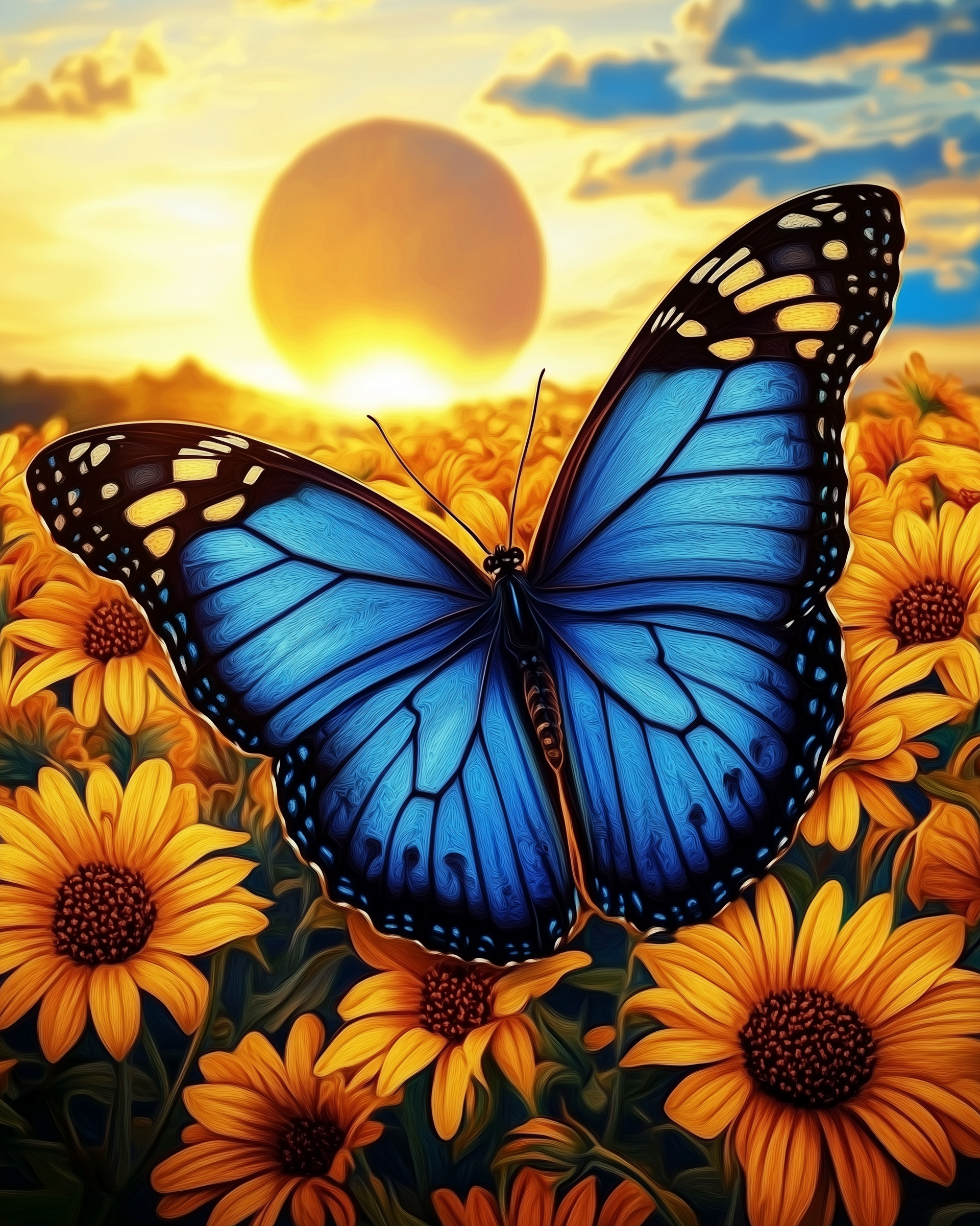 Papillon bleu éclatant dans un champ de tournesols