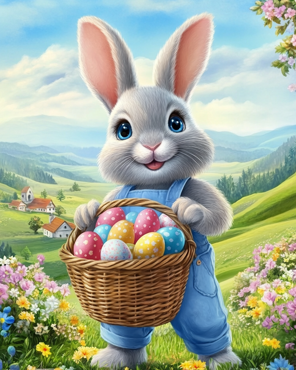 Lapin joyeux et panier garni