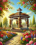 Kiosque fleuri sous le soleil