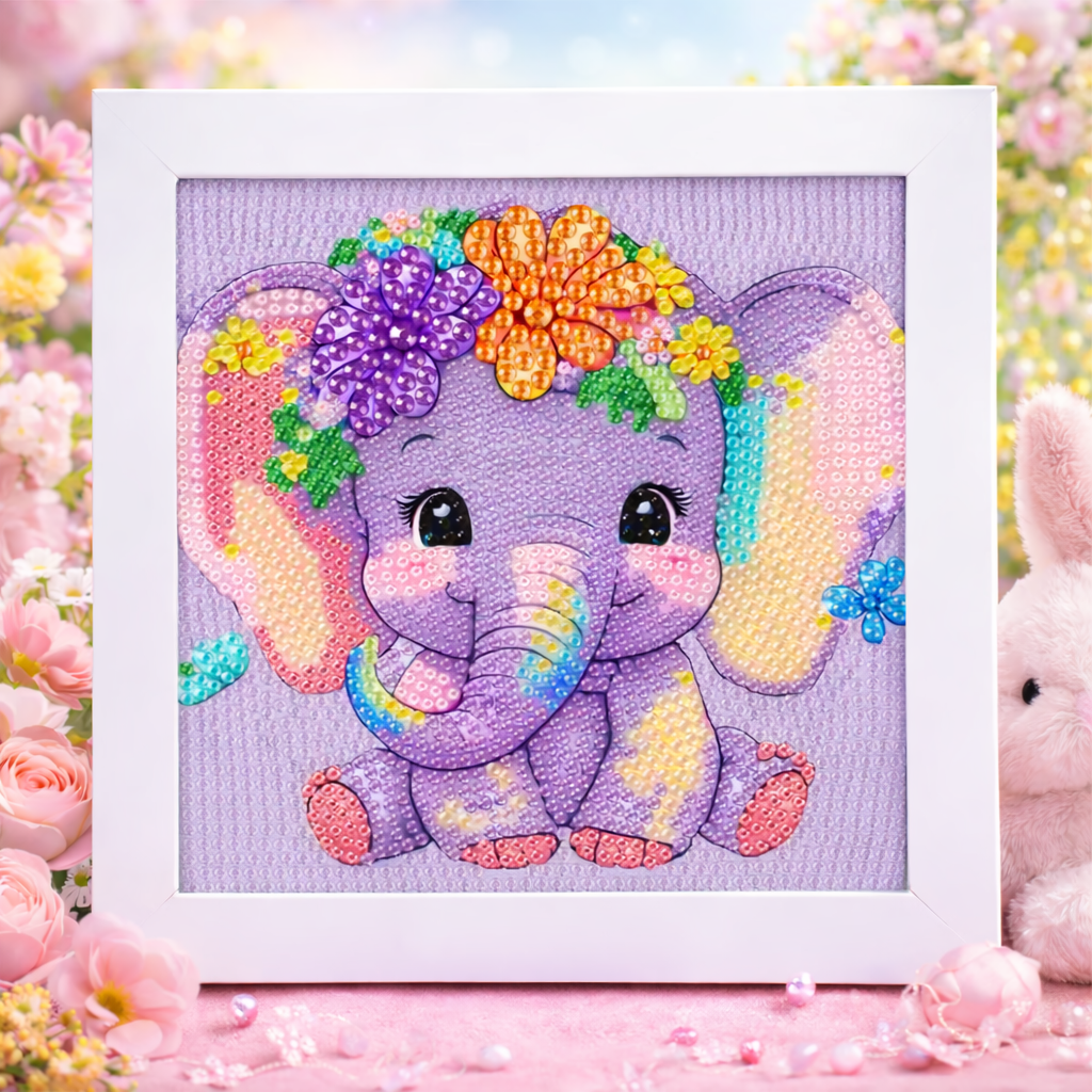 Le petit éléphant fleuri – Mini Cadre avec Pied Support