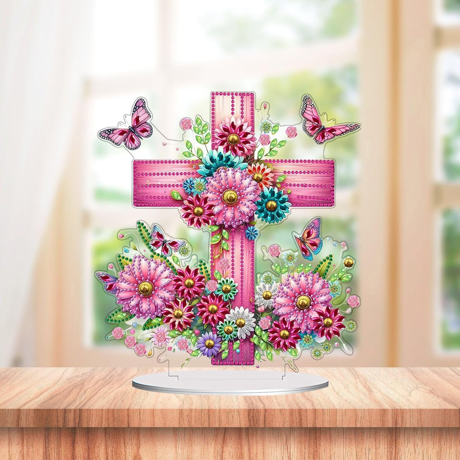Croix Fleurie et papillons – Objet Décoratif sur Pied