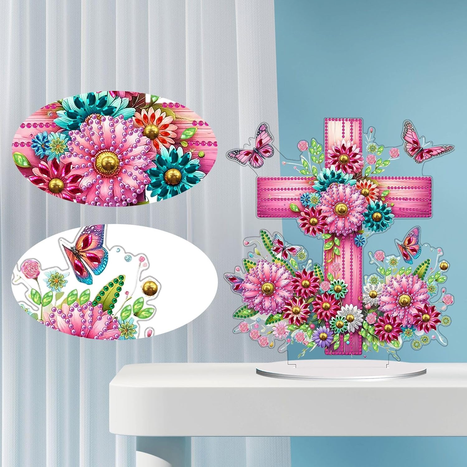 Croix Fleurie et papillons – Objet Décoratif sur Pied