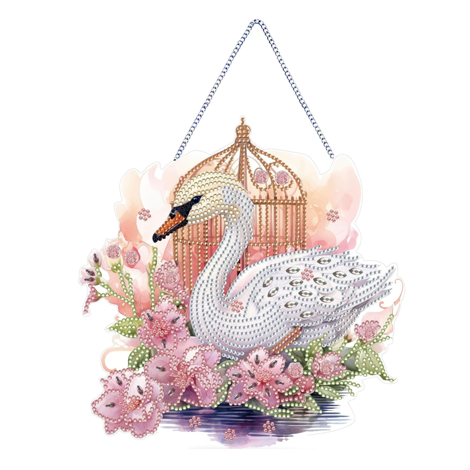 Cygne et Cage Dorée – Suspension en Broderie Diamant