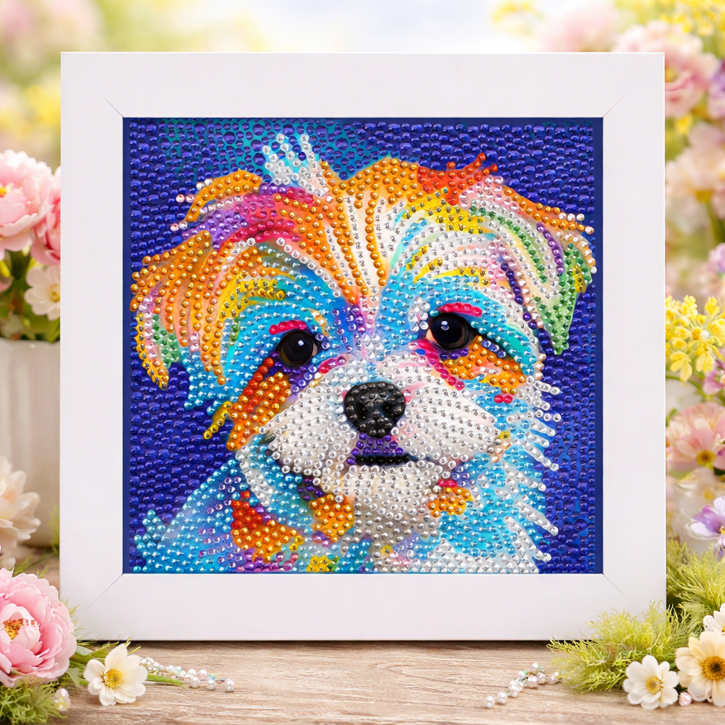 Portrait de chien multicolore – Mini Cadre avec Pied Support