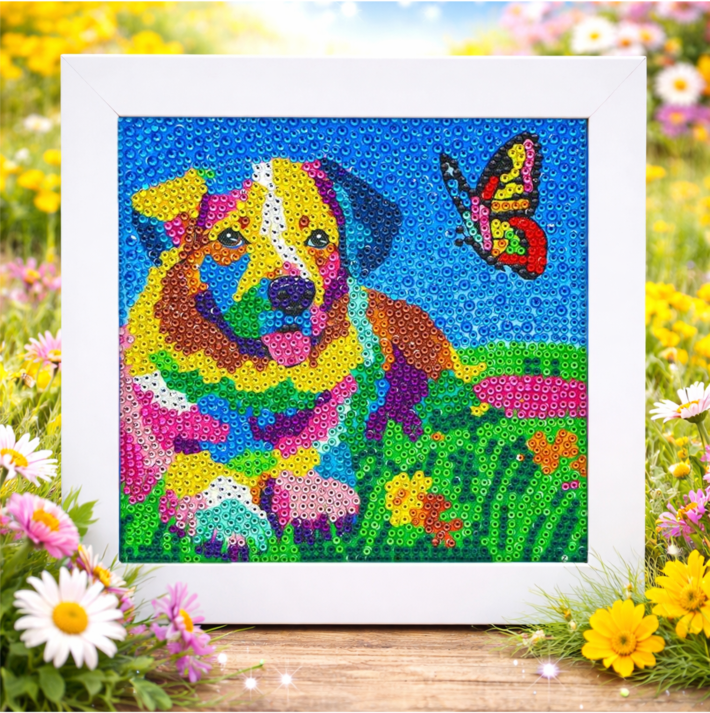 Le chien et le papillon – Mini Cadre avec Pied Support