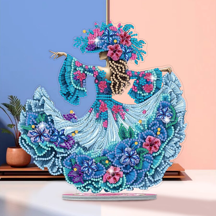 Danseuse florale en robe bleue – Objet Décoratif sur Pied