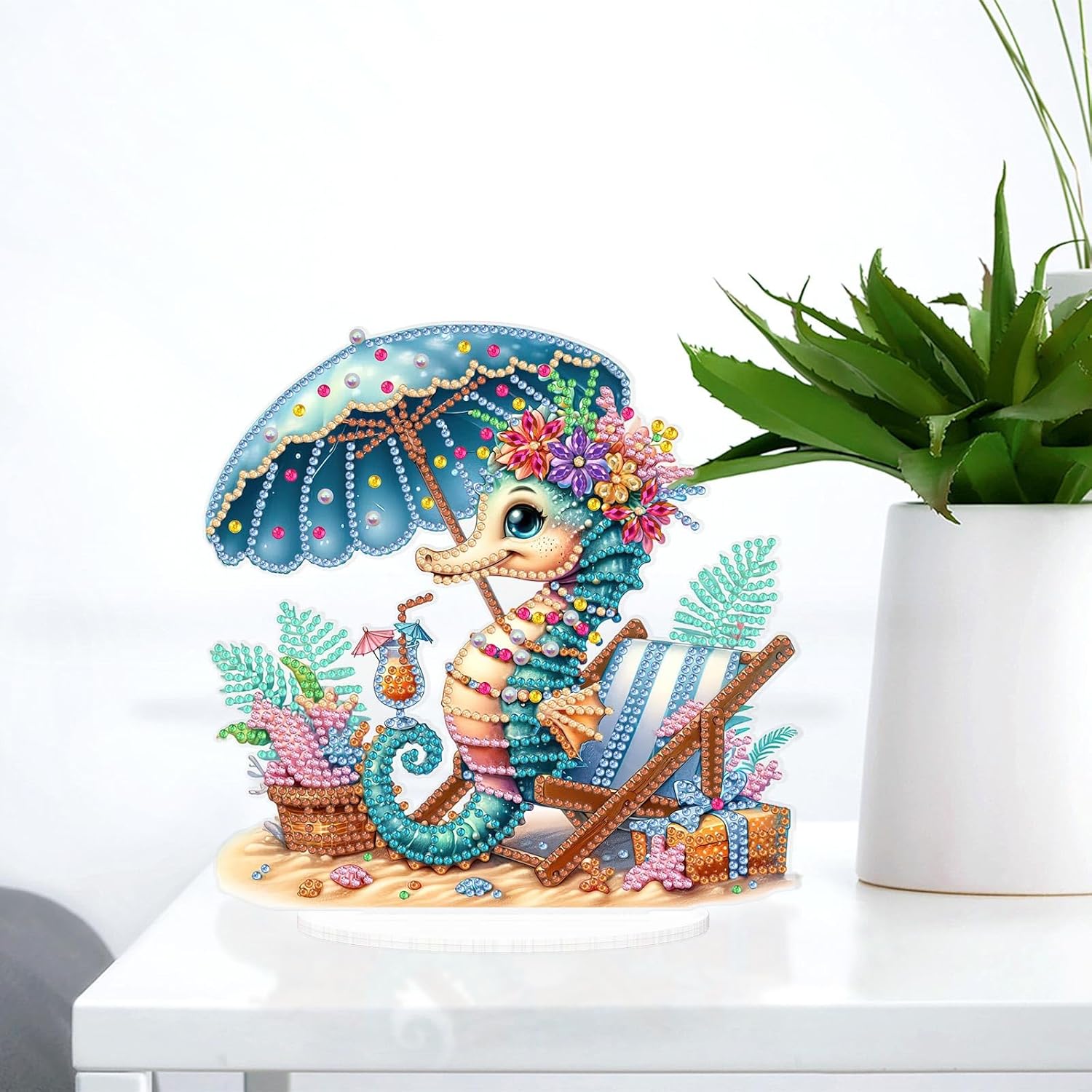 L’hippocampe au parasol – Objet Décoratif sur Pied
