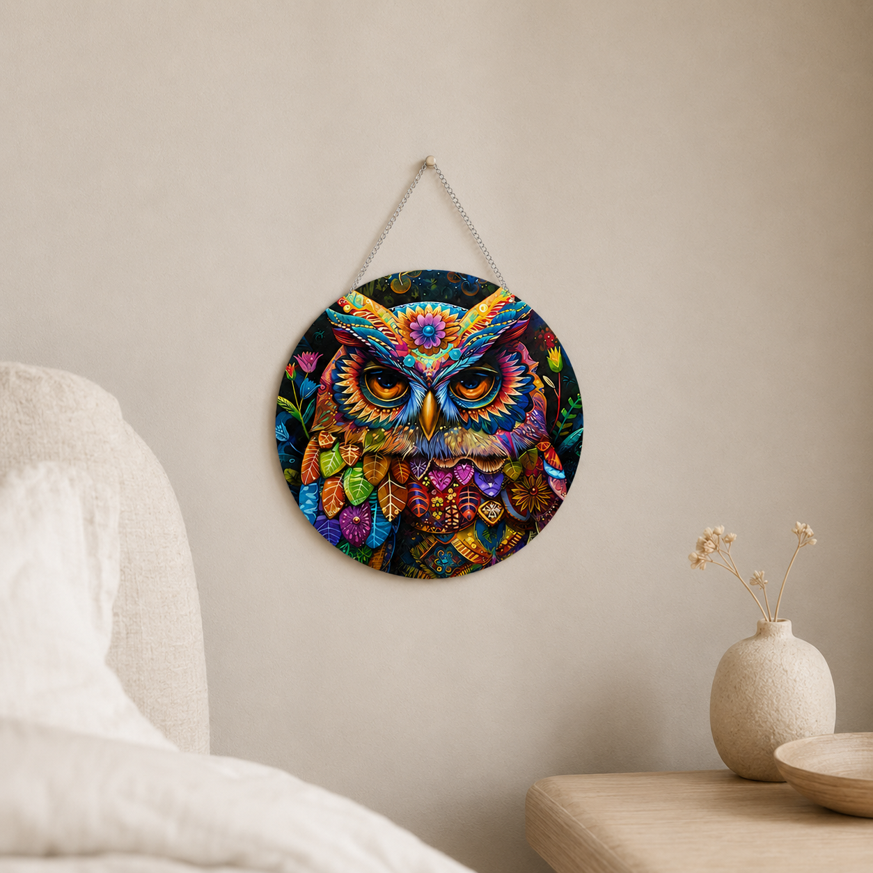 La chouette aux mille couleurs – Suspension en Broderie Diamant