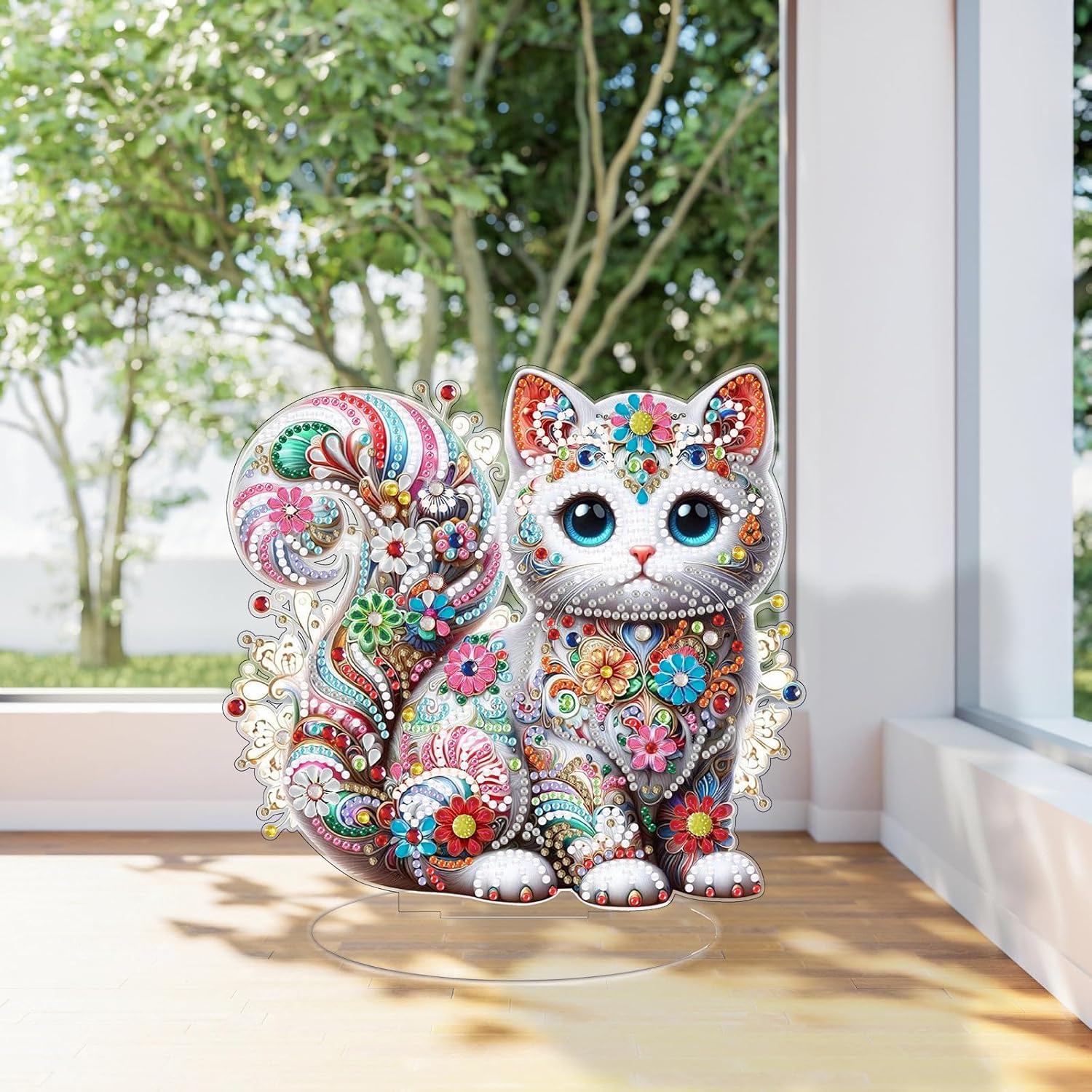 Le chat aux fleurs colorées – Objet Décoratif sur Pied