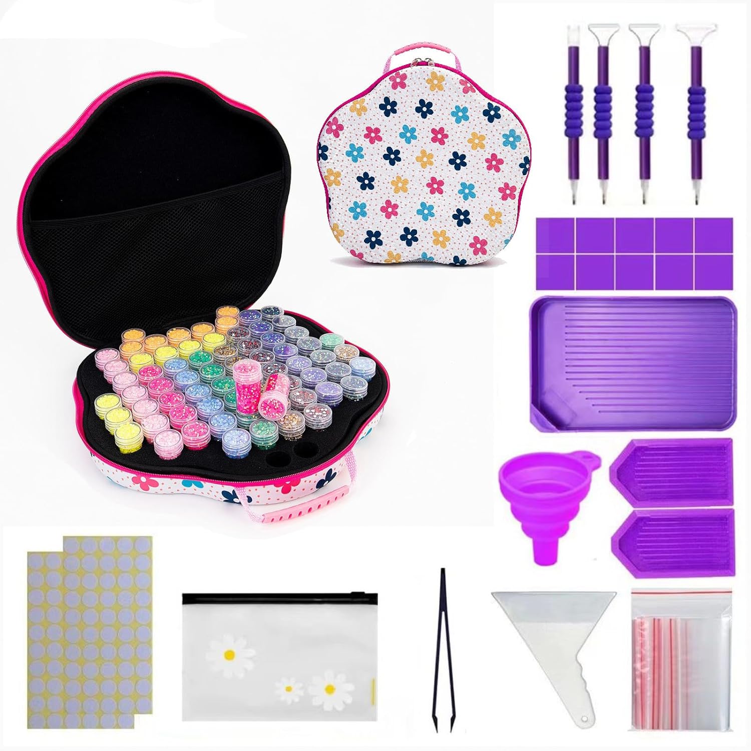 Valise Florale avec 70 Compartiments – Motif Fleurs Arc-en-Ciel