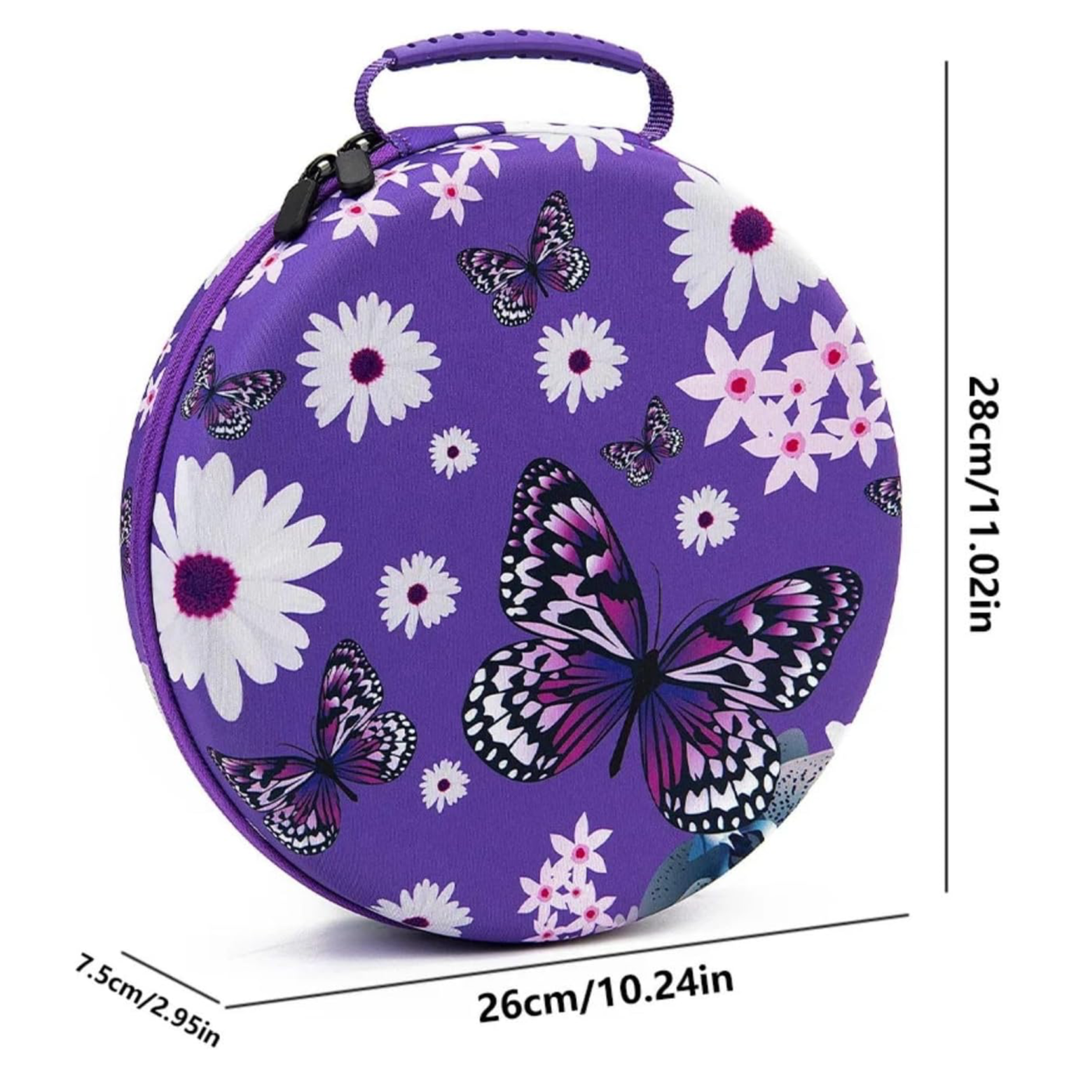 Runder Koffer mit 60 Fächern – Blumenmuster und violette Schmetterlinge
