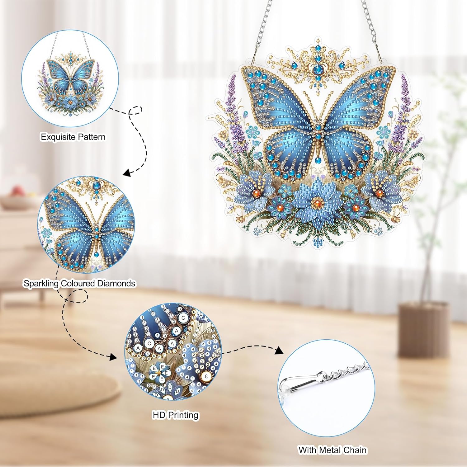 Papillon Bleu Royal – Suspension en Broderie Diamant